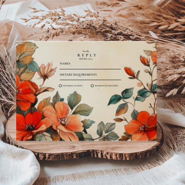 Rustic Orange Floral Wedding RSVP Card (Creator Uploaded)