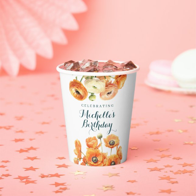 Rustic Orange Garden Floral Birthday Party White Paper Cups (Insitu)