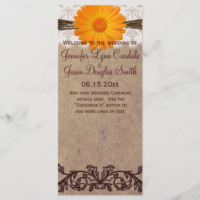 Rustic Orange Gerber Daisy Wedding Program Programme (Front)