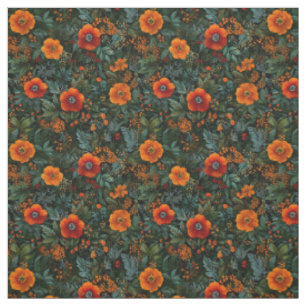 Rustic Orange Green Botanical Bold Vintage Floral Fabric