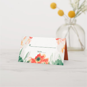 Rustic Orange, Green, White Watercolor Floral Place Card