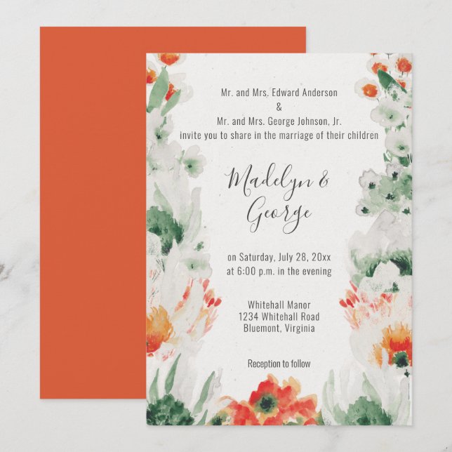 Rustic Orange Green White Watercolor Wedding Invitation (Front/Back)