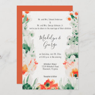 Rustic Orange Green White Watercolor Wedding Invitation