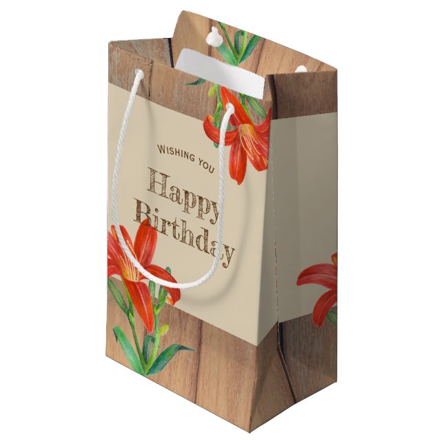 Rustic Orange Lily Botanical Illustration Small Gift Bag (Front Angled)