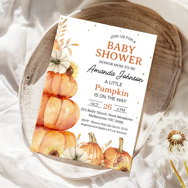 Rustic Orange Little Pumpkin Stack Baby Shower  Invitation (Fall Little Pumpkin Baby Shower Invitation, Gender Neutral Stacked Pumpkins, Sunflower, Autumn Baby)