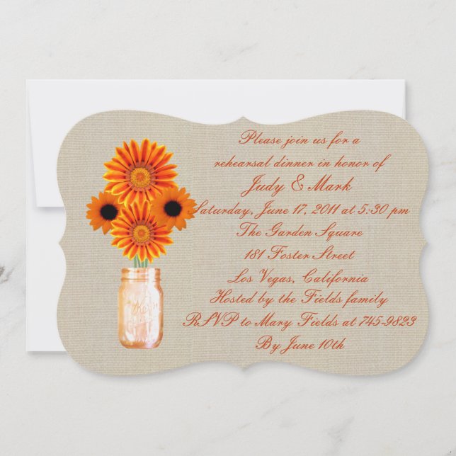 Rustic Orange Mason Jar Rehearsal Dinner Invite (Front)