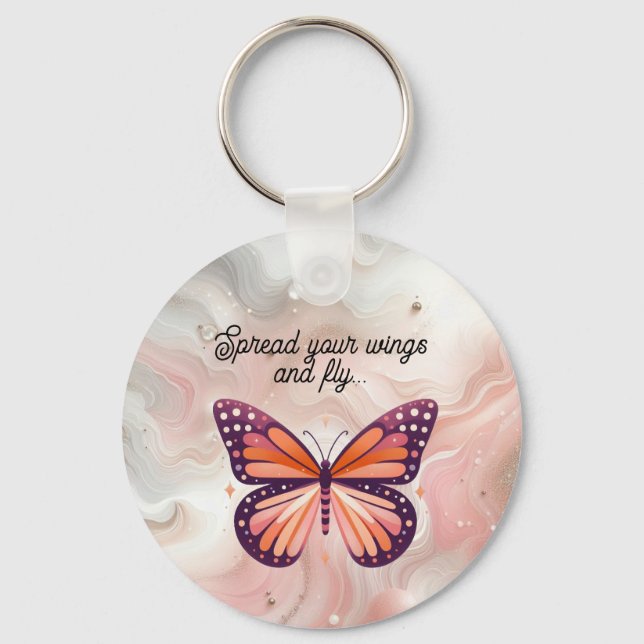 Rustic Orange Monarch Butterfly with Saying Key Ring (Front)