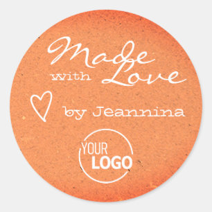 Rustic Orange Peach Made with Love Heart Symbol Classic Round Sticker