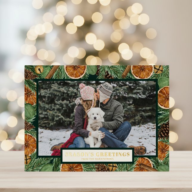 Rustic Orange Pine Wreath Gold Foil Green Holiday  (Creator Uploaded)