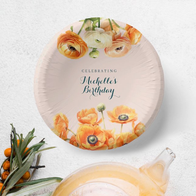 Rustic Orange Pink Garden Floral Birthday Party Paper Plate (Creator Uploaded)