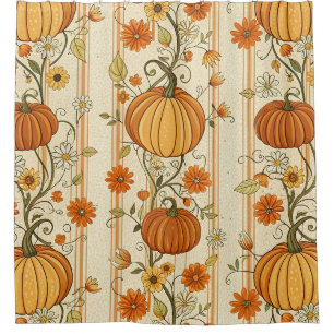 Rustic Orange Pumpkin Harvest Stripe Shower Curtain