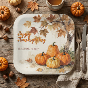 Rustic Orange Pumpkins Autumn Leaves Thanksgiving Paper Plate