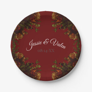 Rustic Orange Red Fall Elegant Gothic Wedding Paper Plate