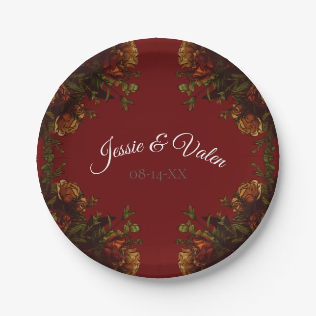 Rustic Orange Red Fall Elegant Gothic Wedding Paper Plate (Front)