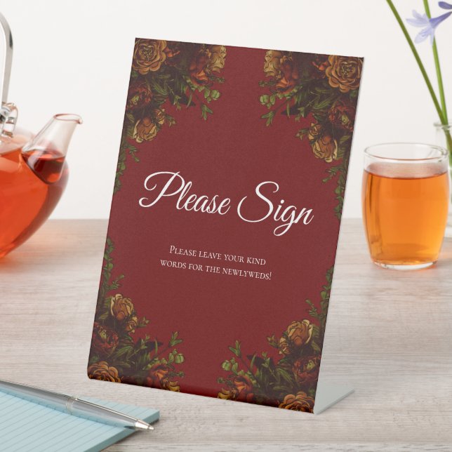 Rustic Orange Red Fall Elegant Gothic Wedding Pedestal Sign (In SItu)