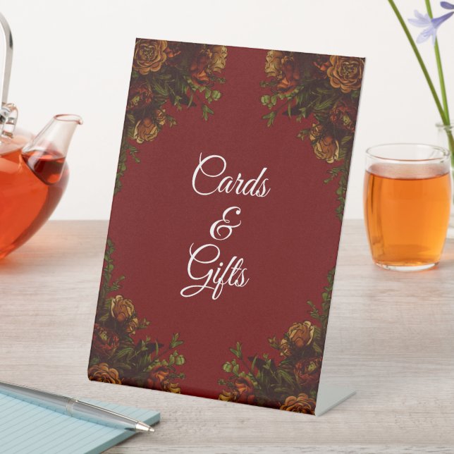 Rustic Orange Red Fall Wedding Cards and Gifts Pedestal Sign (In SItu)