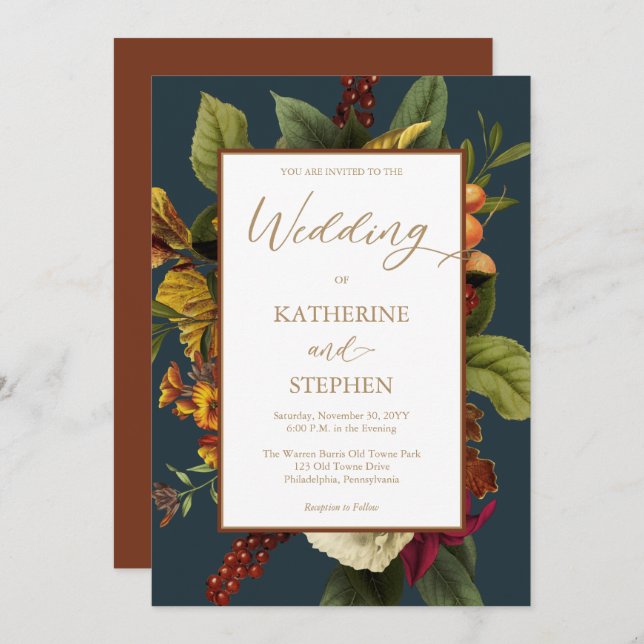 Rustic Orange | Red Floral Bouquet Teal Wedding Invitation (Front/Back)