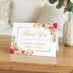 Rustic Orange Rose Flowers Gold Frame Thank You Card