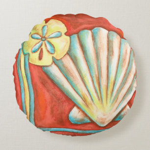 Rustic Orange Seashells Round Cushion