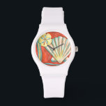 Rustic Orange Seashells Watch<br><div class="desc">Lay out on the warm sand and find the hidden treasures! This painting by Nancy Slocum captures the beautiful water life found ashore. It captures the a beautiful orange seashell,  an orange starfish,  and a vibrant blue sand dollar. Get your beautiful ocean art today on your next Zazzle product.</div>