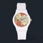 Rustic Orange Seashells Watch<br><div class="desc">Lay out on the warm sand and find the hidden treasures! This painting by Nancy Slocum captures the beautiful water life found ashore. It captures the a beautiful orange seashell,  an orange starfish,  and a vibrant blue sand dollar. Get your beautiful ocean art today on your next Zazzle product.</div>