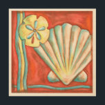 Rustic Orange Seashells Wood Wall Art<br><div class="desc">Lay out on the warm sand and find the hidden treasures! This painting by Nancy Slocum captures the beautiful water life found ashore. It captures the a beautiful orange seashell,  an orange starfish,  and a vibrant blue sand dollar. Get your beautiful ocean art today on your next Zazzle product.</div>