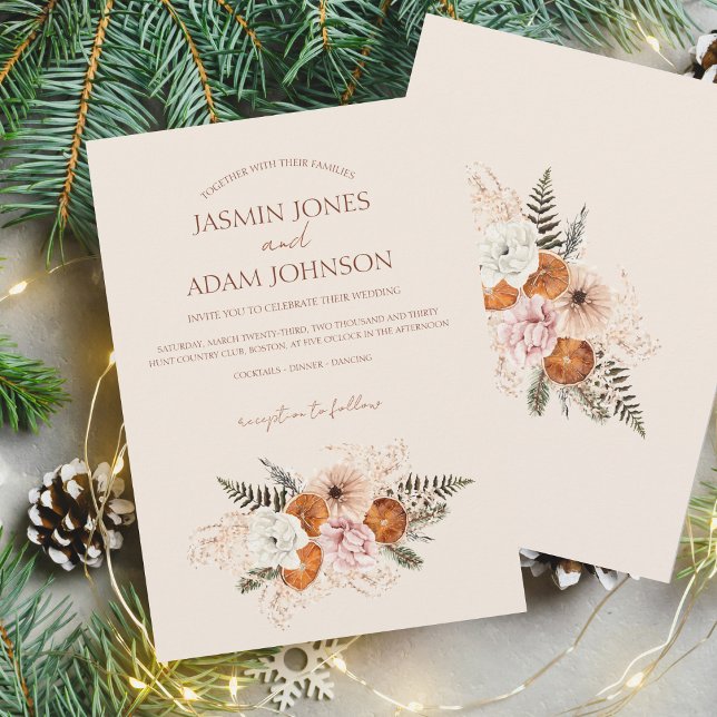 Rustic Orange Slices Peach White Flowers Wedding Invitation (Winter Orange Slices Dried Citrus Cinnamon Wedding Invitation)