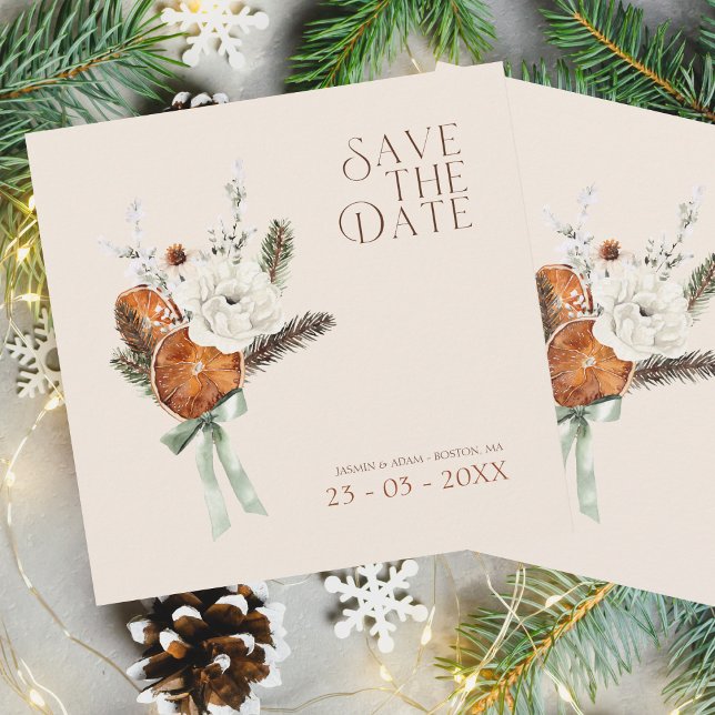 Rustic Orange Slices White Flowers Wedding Save The Date (Winter Orange Slices Dried Citrus Cinnamon Wedding Save the Date Card)