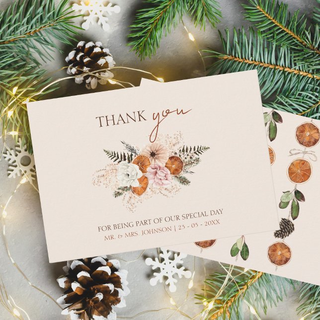 Rustic Orange Slices White Flowers Wedding Thank You Card (Winter Orange Slices Dried Citrus Cinnamon Wedding Thank You Card)