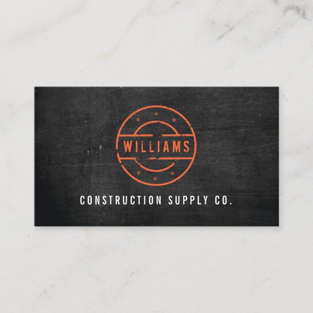 Rustic Orange Stamp on Black Wood Construction Business Card (Front)