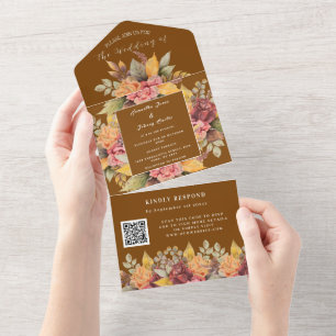 Rustic Orange Terracotta Fall Boho Wedding RSVP All In One Invitation
