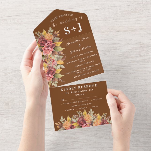 Rustic Orange Terracotta Fall Boho Wedding RSVP All In One Invitation (Tearaway)