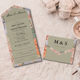 Rustic orange watercolor floral wedding all in one invitation