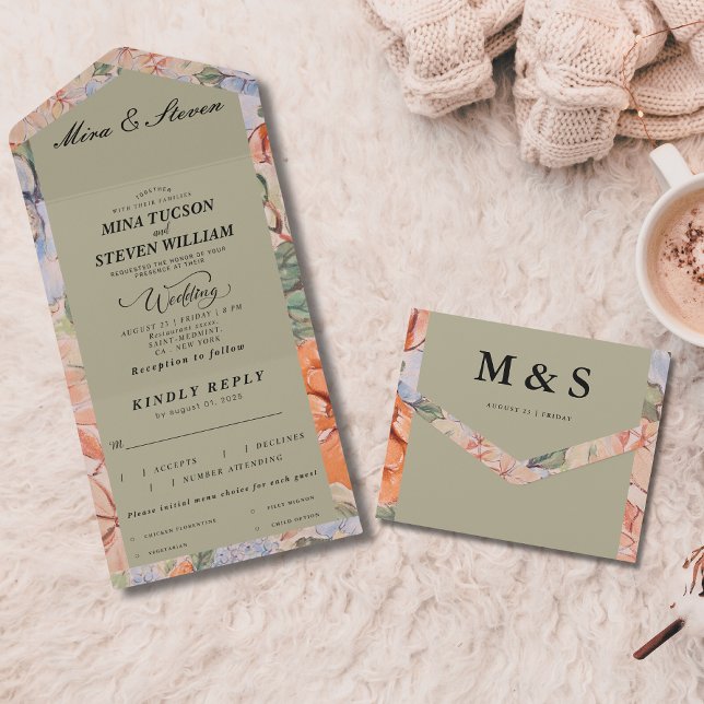 Rustic orange watercolor floral wedding all in one invitation (Creator Uploaded)
