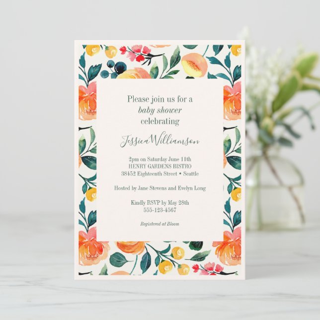 Rustic Orange Watercolor Flowers Boho Baby Shower Invitation (Standing Front)