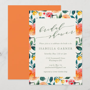 Rustic Orange Watercolor Flowers Bridal Shower Invitation
