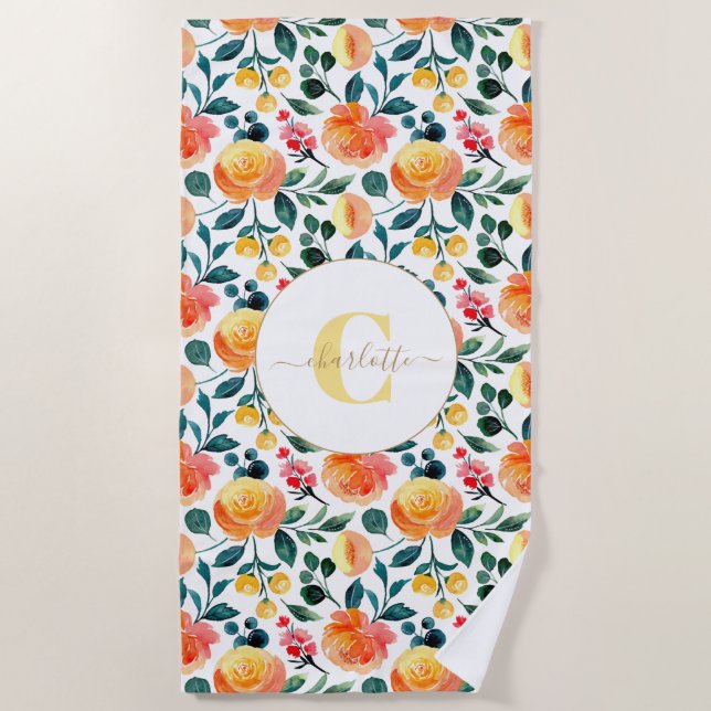 Rustic Orange Watercolor Flowers Monogram  Beach Towel (Front)