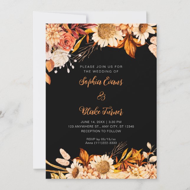 Rustic Orange White Flowers Boho Grey Wedding Invitation (Front)