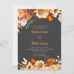 Rustic Orange White Flowers Boho Grey Wedding Invitation