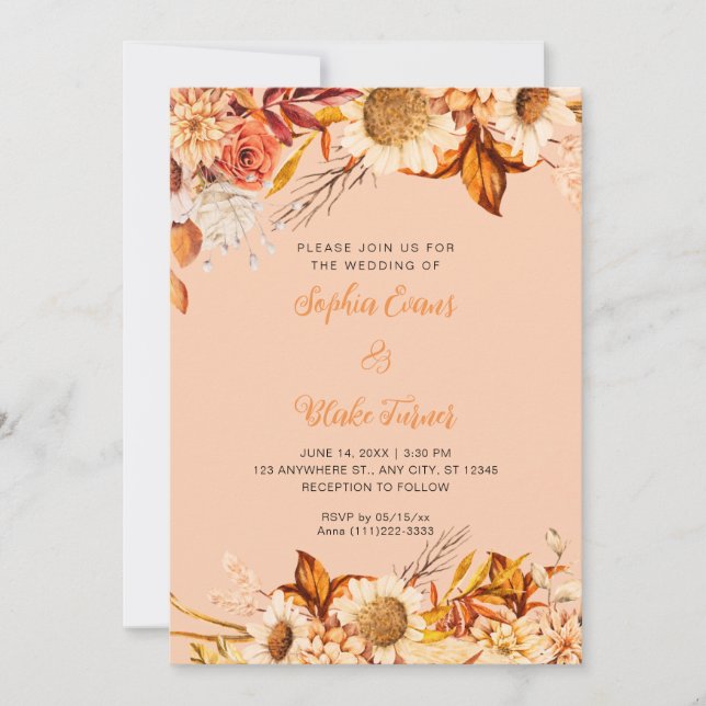 Rustic Orange White Flowers Boho Orange Wedding Invitation (Front)