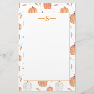 Rustic Orange White Pumpkins Fall Leaves Monogram Stationery