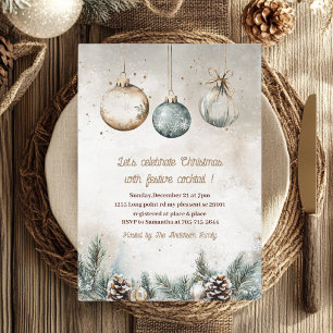 "Rustic Ornament Christmas Party   Blue & Gold Invitation