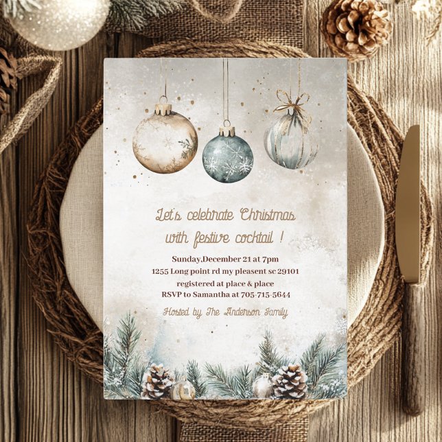 "Rustic Ornament Christmas Party | Blue & Gold Invitation (Creator Uploaded)