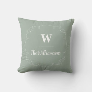 Rustic Ornate Line Drawing Frame Monogrammed Sage Cushion