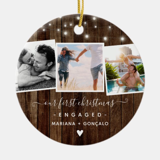 Rustic Our First Christmas Engaged Photo Collage Ceramic Tree Decoration (Front)
