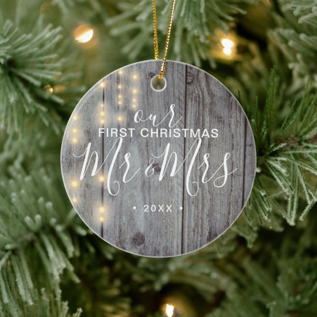 Rustic Our First Christmas Mr. Mrs. Photo Ceramic Tree Decoration (Tree)