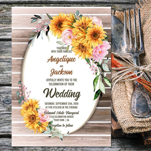 Rustic Oval Wood Sunflower Pink Rose Wedding Invitation (Creator Uploaded)