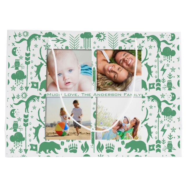 Rustic Owl Bear Deer Fox Woodland Creature Pattern Large Gift Bag (Back)