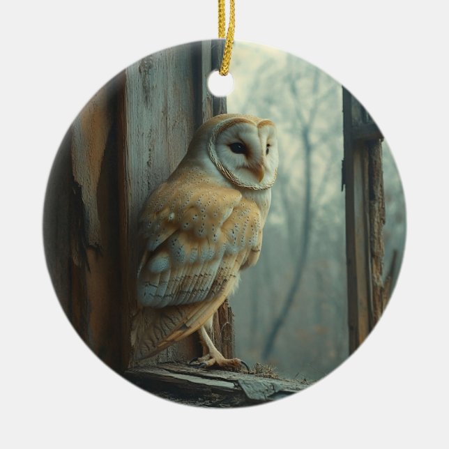 Rustic Owl In The Window Art Ceramic Tree Decoration (Front)