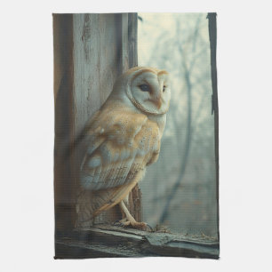 Rustic Owl In The Window Art Tea Towel